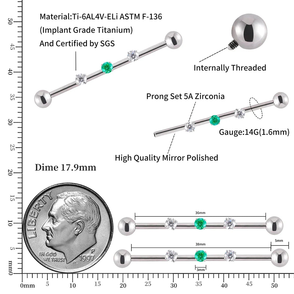 Cute industrial piercing titanium 14G feminine industrial barbell piercing silver with cz 36mm 38mm