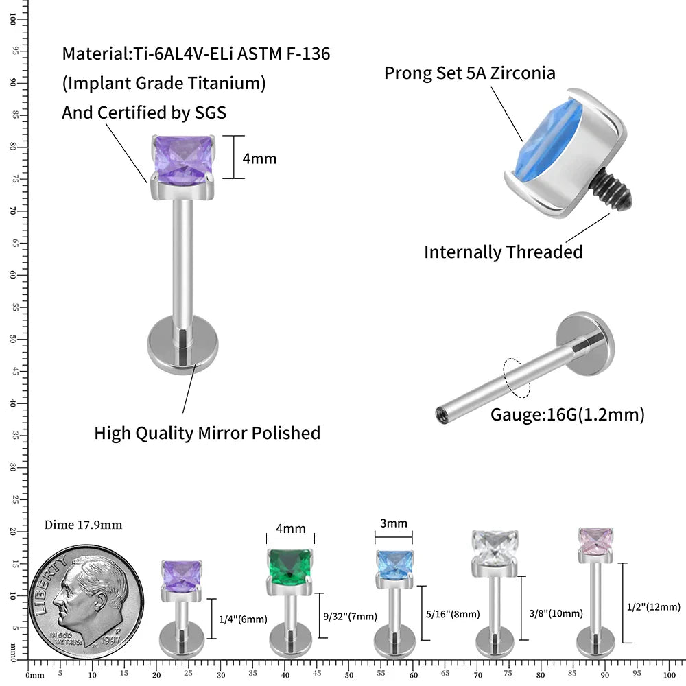 Pink diamond stud earring blue green purple clear square diamond earring titanium 16G flat back