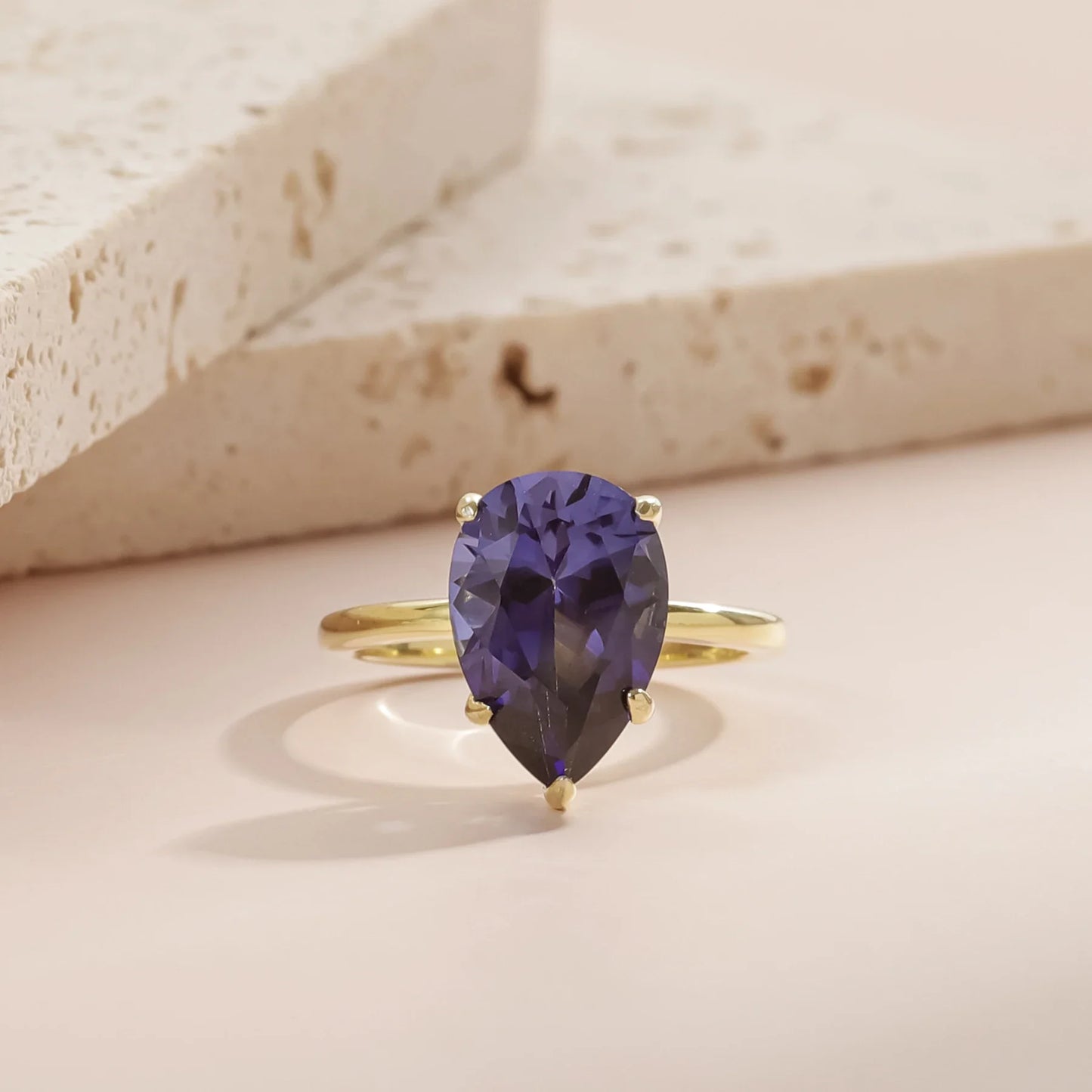 Gold amethyst ring with a large teardrop amethyst stone birthstone ring solitaire engagement ring
