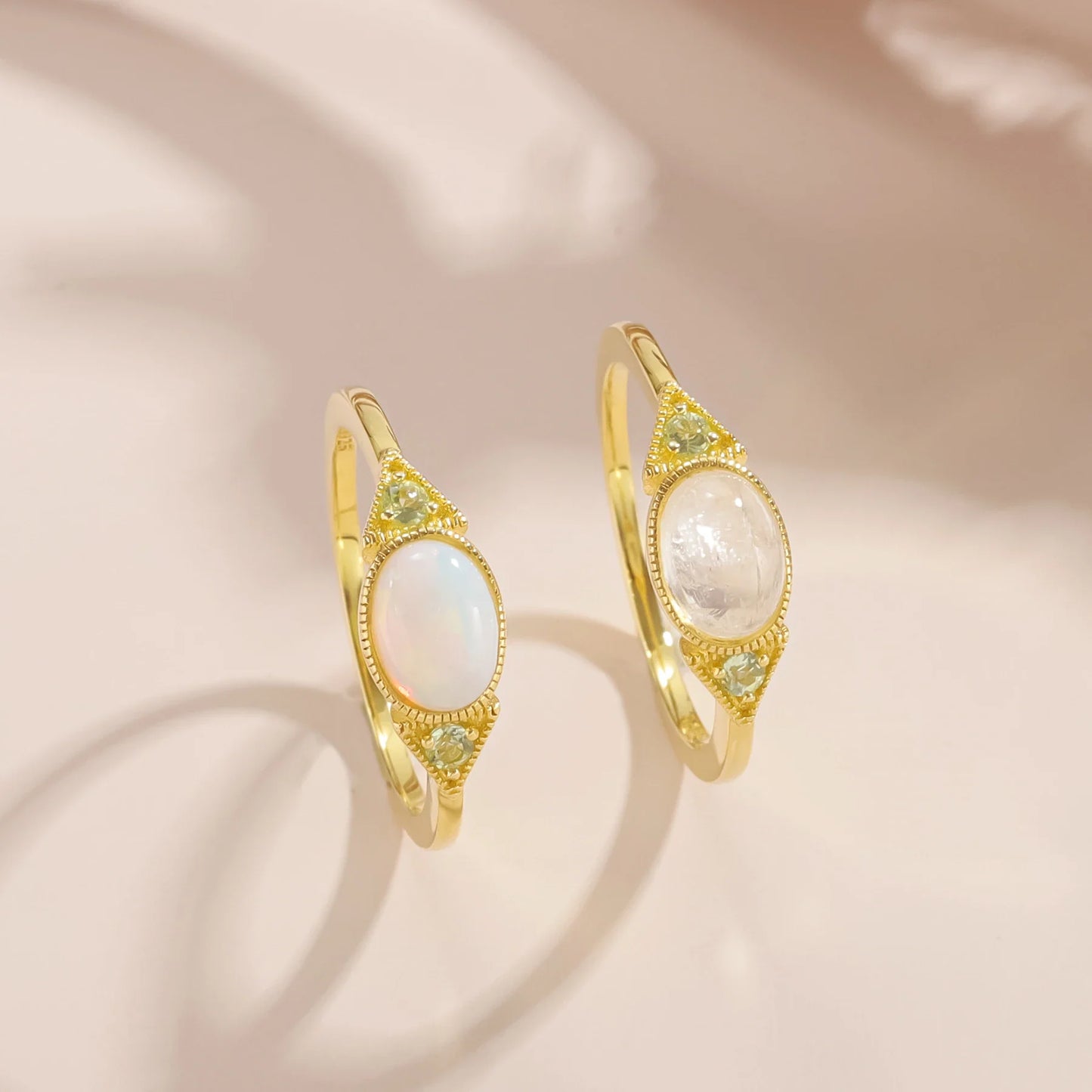 Moonstone stacking ring with green peridot Art Deco