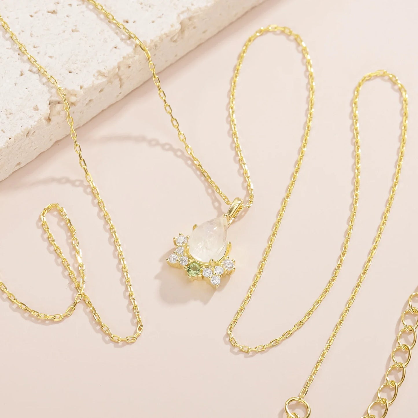 Antique-style moonstone necklace with a green cz stone statement necklace
