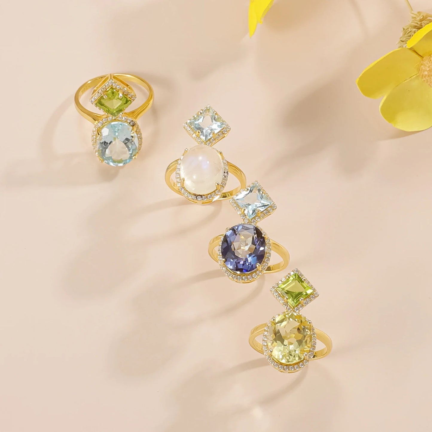 Lemon citrine engagement ring with green peridot and clear cz cocktail ring two stone ring