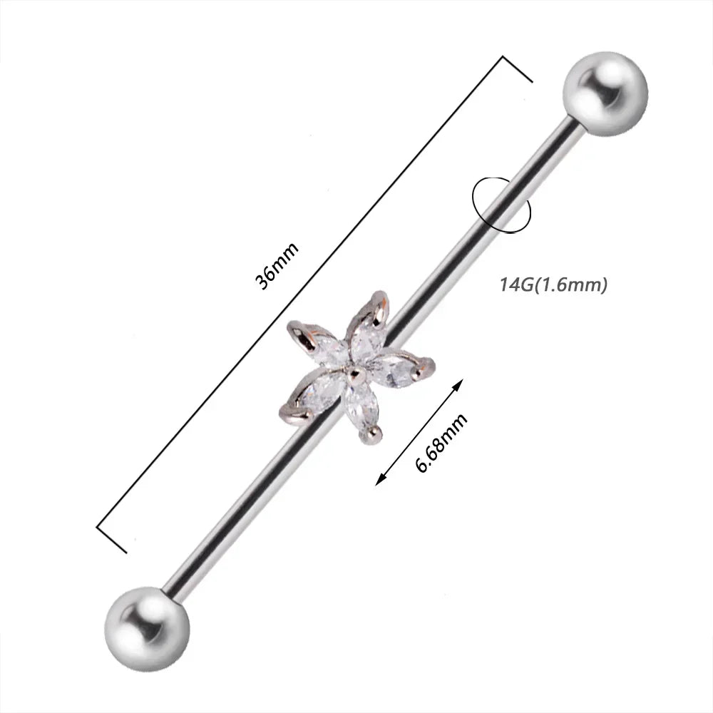Star industrial piercing with clear CZ stones pretty industrial piercing titanium 14G 36mm internally threaded