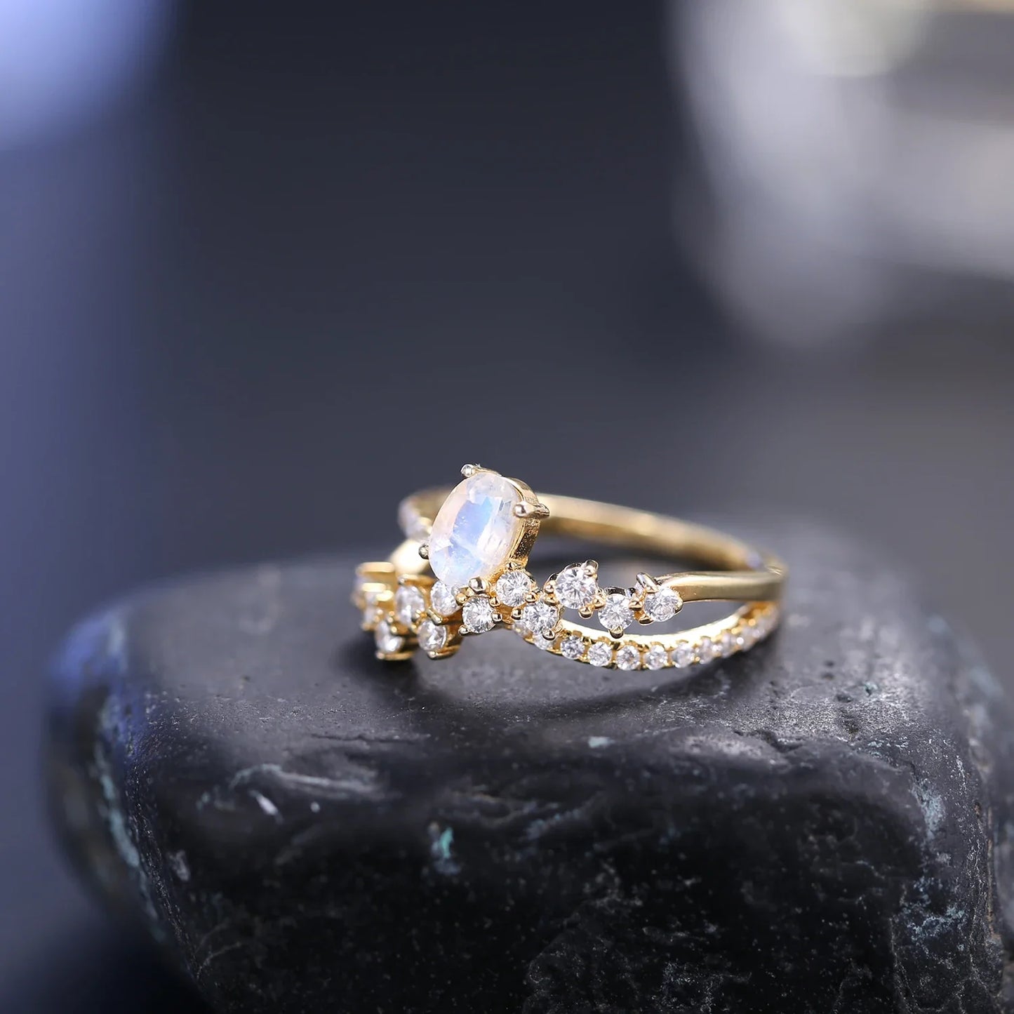 Art deco moonstone ring with diamond cz stones