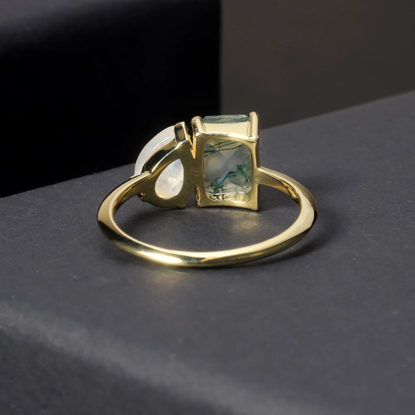 You and me ring with a natural green moss agate and a moonstone toi et moi ring