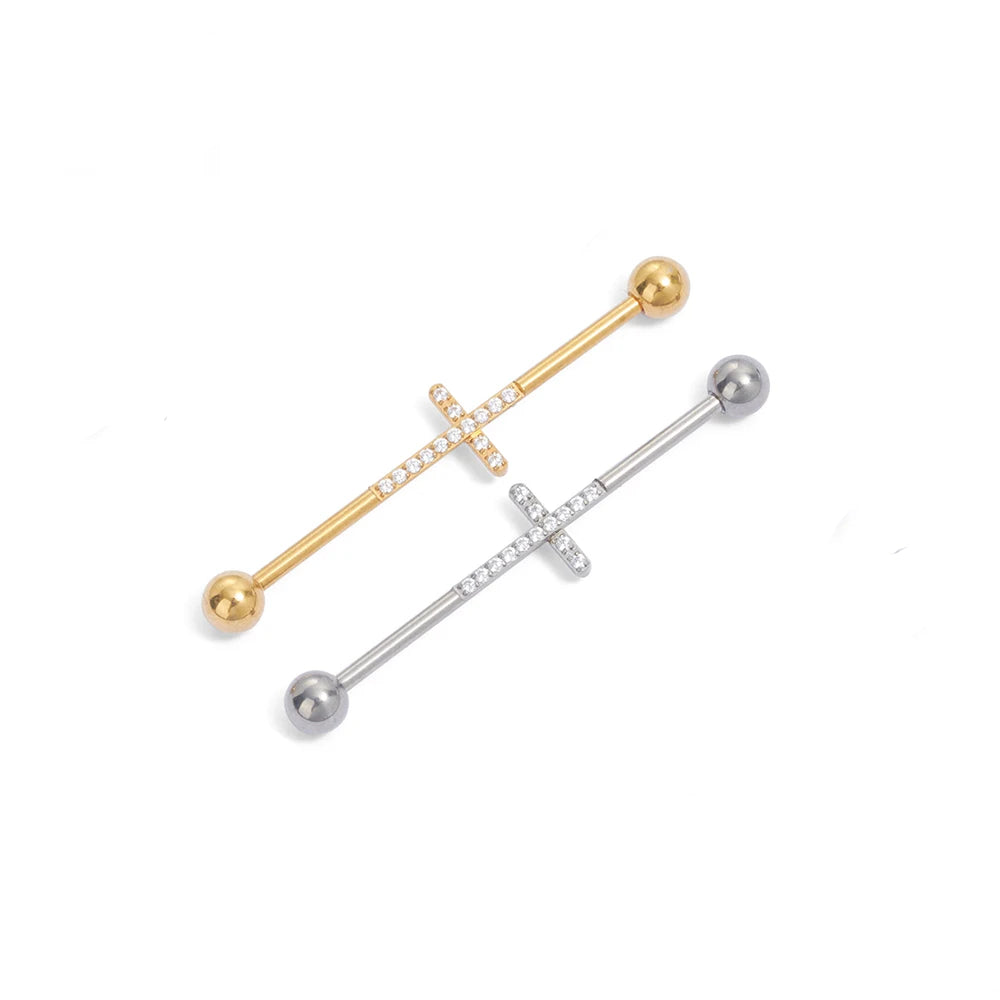 Titanium industrial barbell 16G 14G with a cross 38mm with CZ industrial bar piercing gold silver