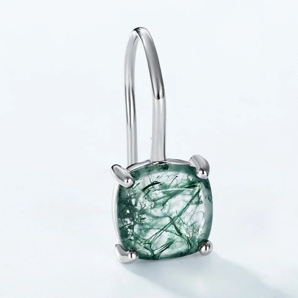 Moss agate drop earrings silver with square moss agate simple and dainty sterling silver
