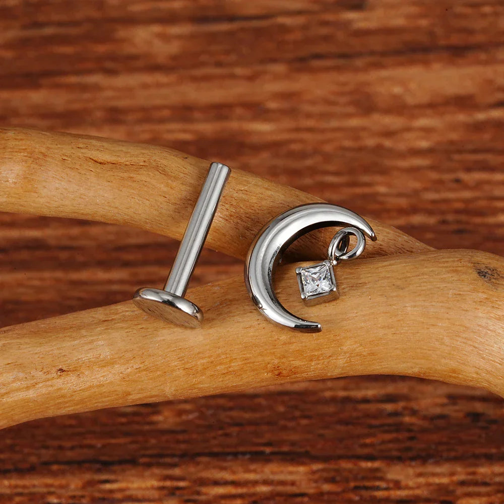 Moon stud earring with a clear CZ crescent moon titanium stud 16G