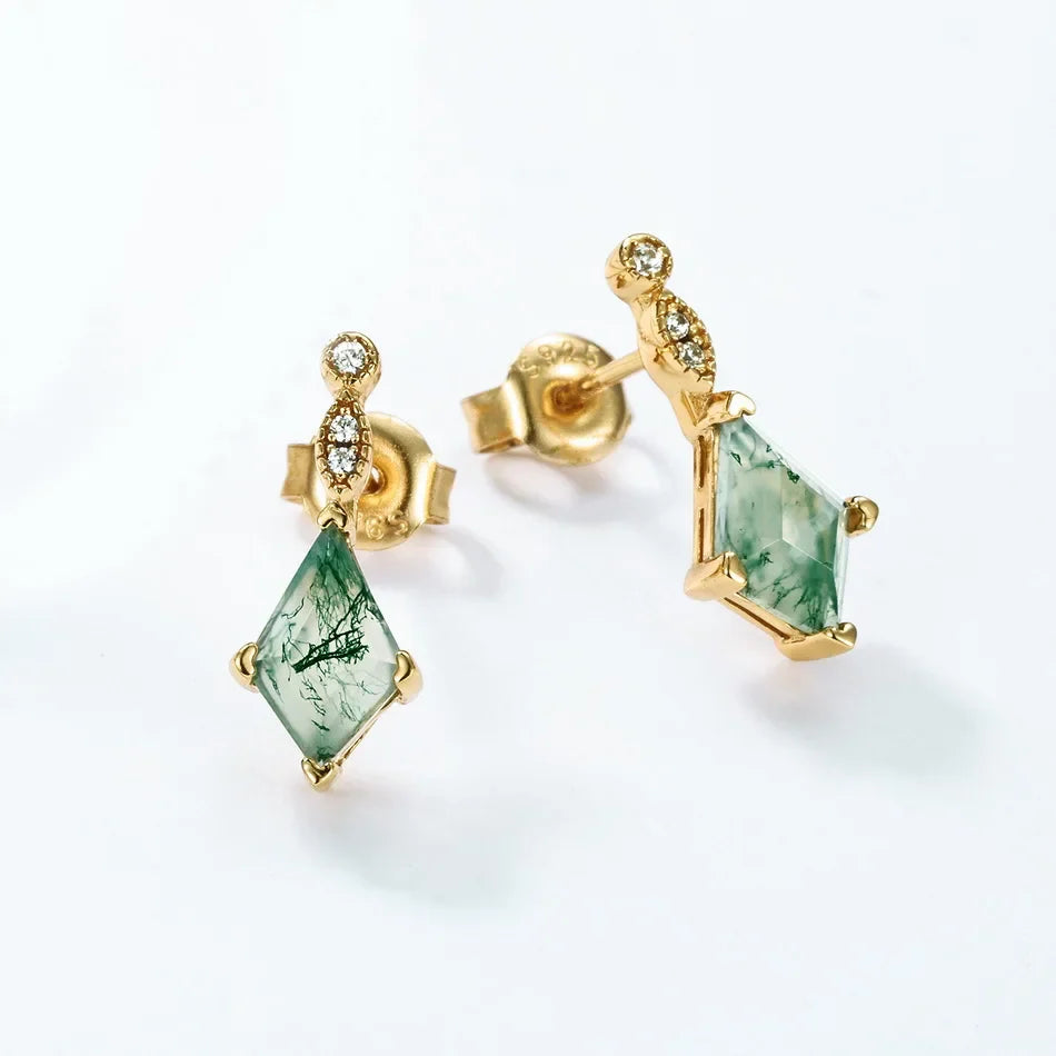 Green agate drop earrings with natural green moss agate in gold