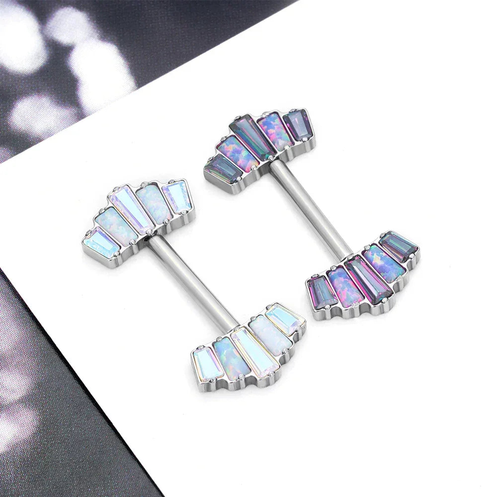 Rosary Milano opal barbell earrings with iridescent stones on white background