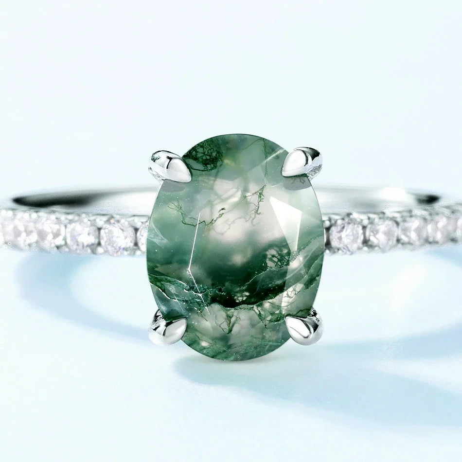 Moss agate crystal ring oval cut sterling silver natural green moss agate