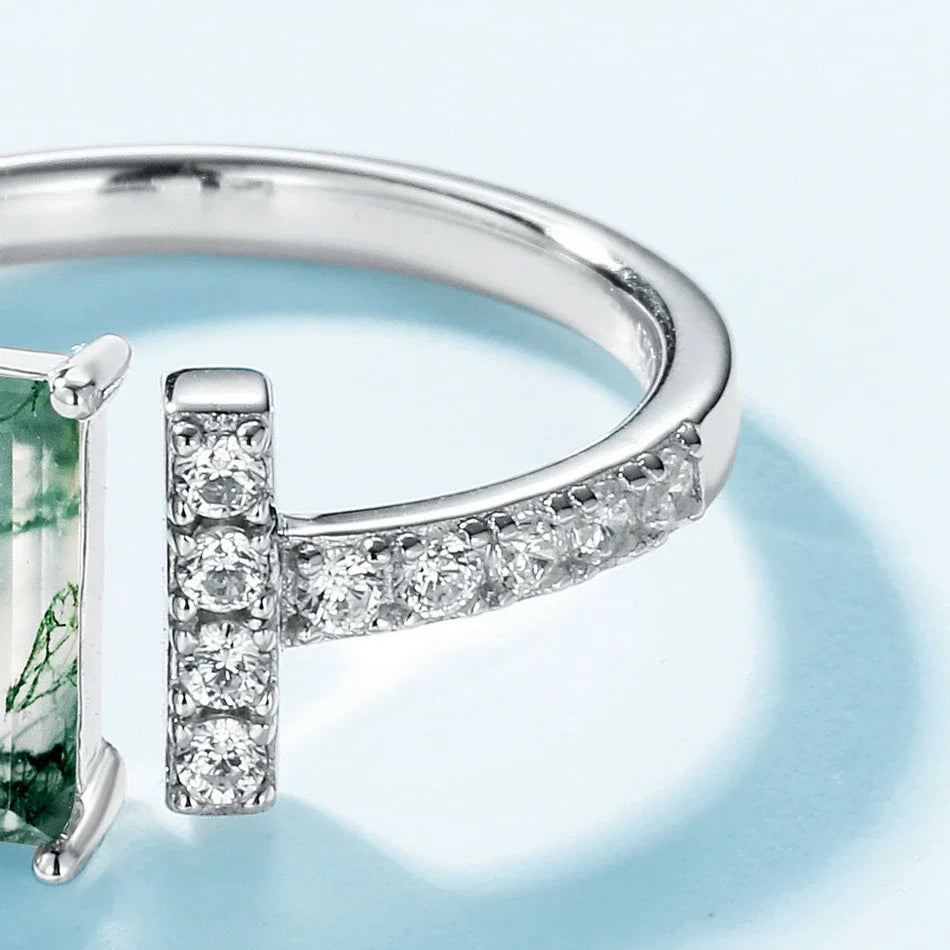 Moss agate baguette ring with CZ stones sterling silver open ring