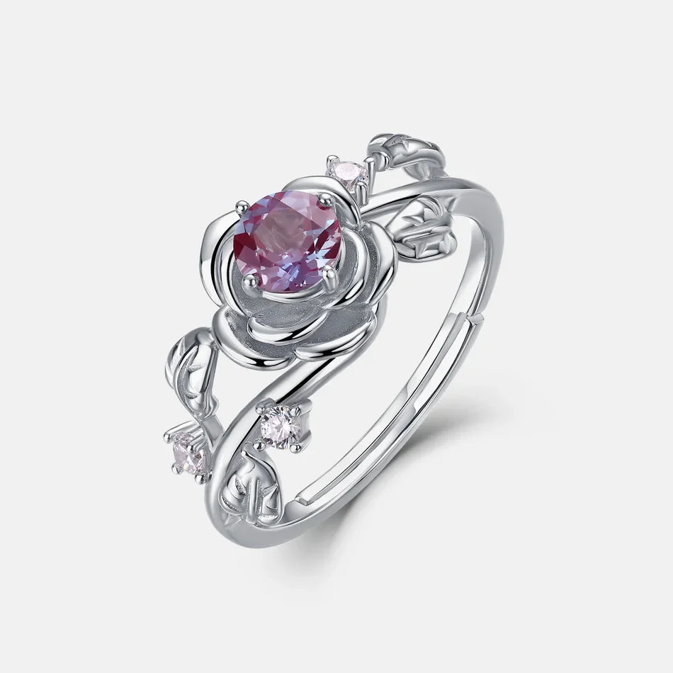 Alexandrite gemstone ring flower shape adjustable ring sterling silver