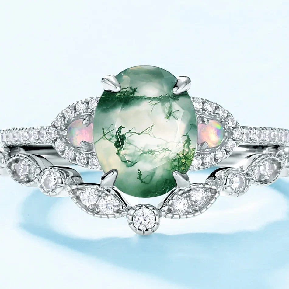 Moss agate and opal ring natural moss agate engagement ring and wedding band