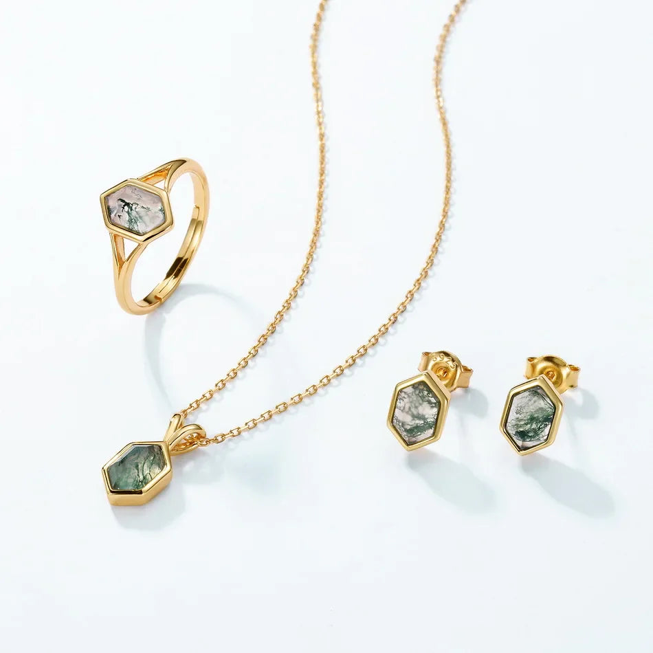 Gold moss agate stud earrings with hexagon moss agate stones