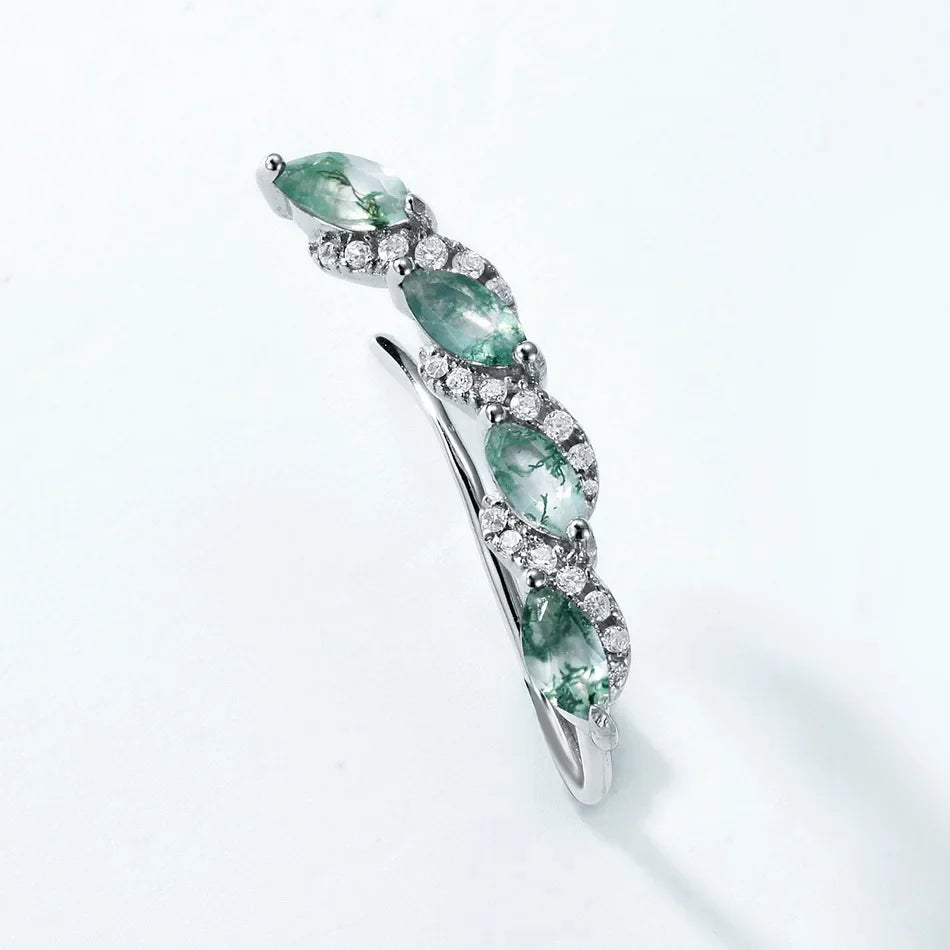 Long drop earrings with green moss agate in sterling silver