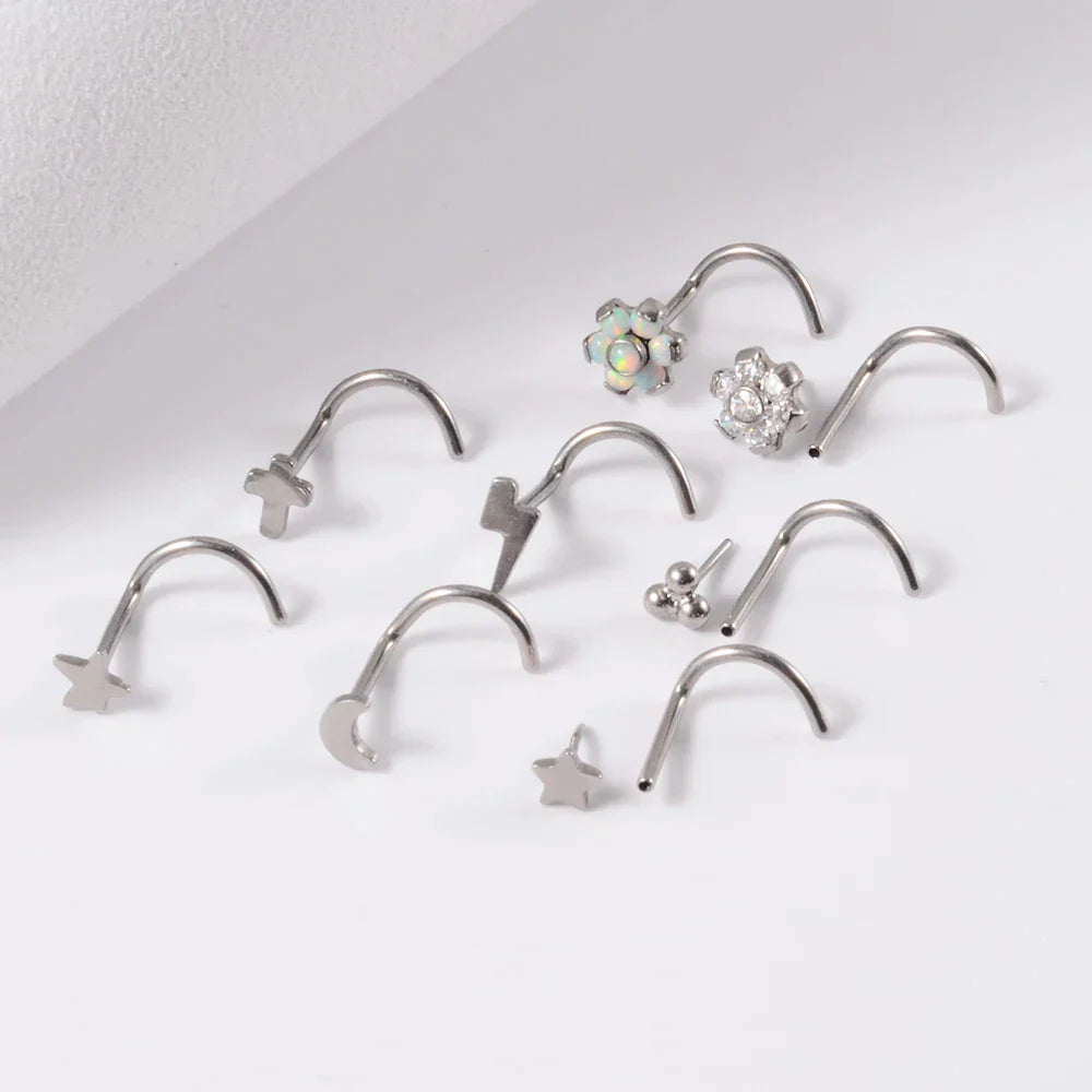 Corkscrew nose stud with 3 dots titanium silver nose ring 20G 6mm