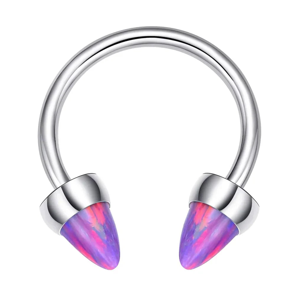Opal nose hoop with spikes titanium septum ring horseshoe barbell 16G blue opal white opal purple opal