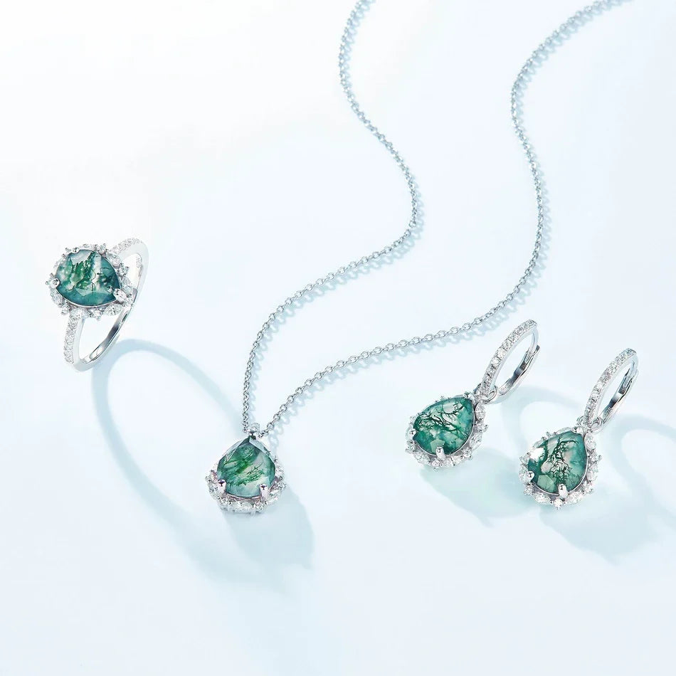 Moss agate dangle earrings with pear-shaped moss agate and clear cz stones