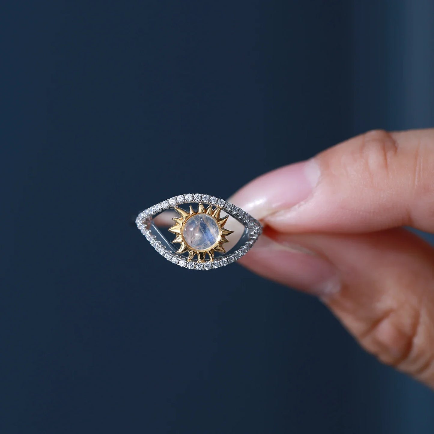 Evil eye ring with a natural moonstone unique adjustable ring