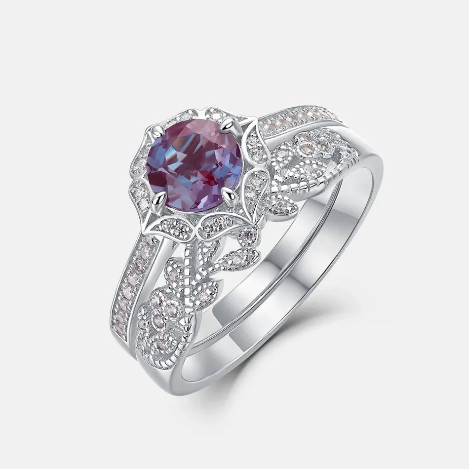 Alexandrite wedding ring set vintage style art deco ring set