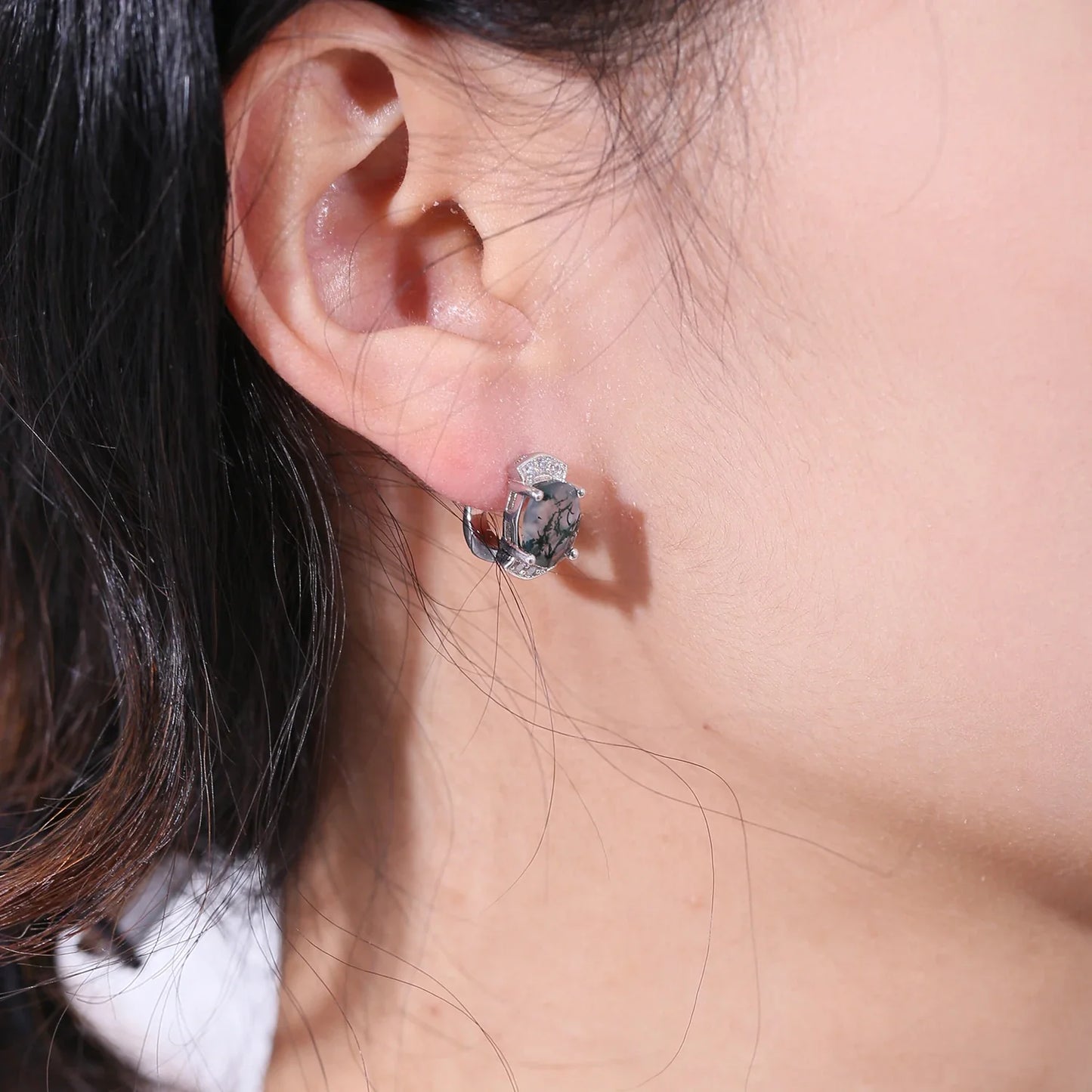 Green moss agate earrings with clear cz sterling silver hoop earrings