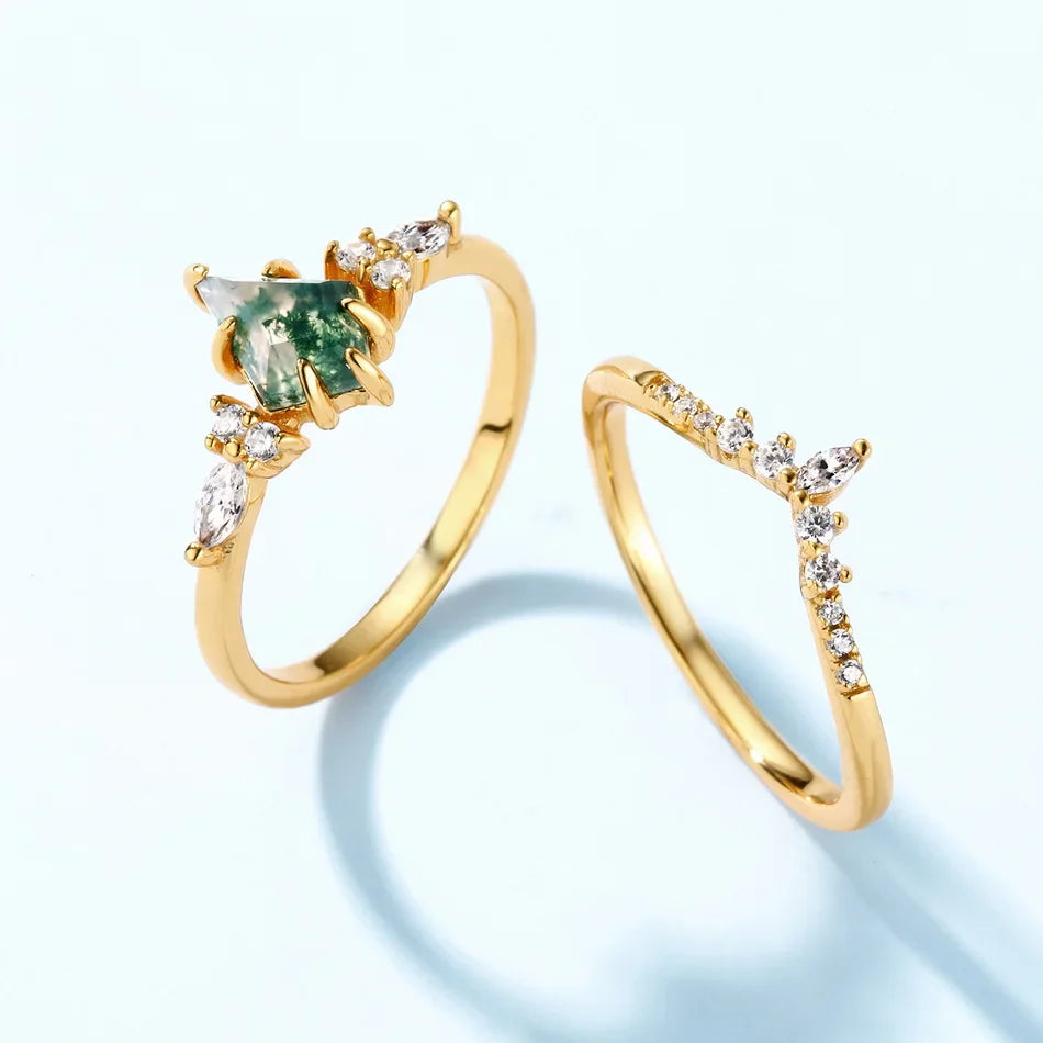 Moss agate ring set kite cut made of 925 sterling silver and natural moss agate