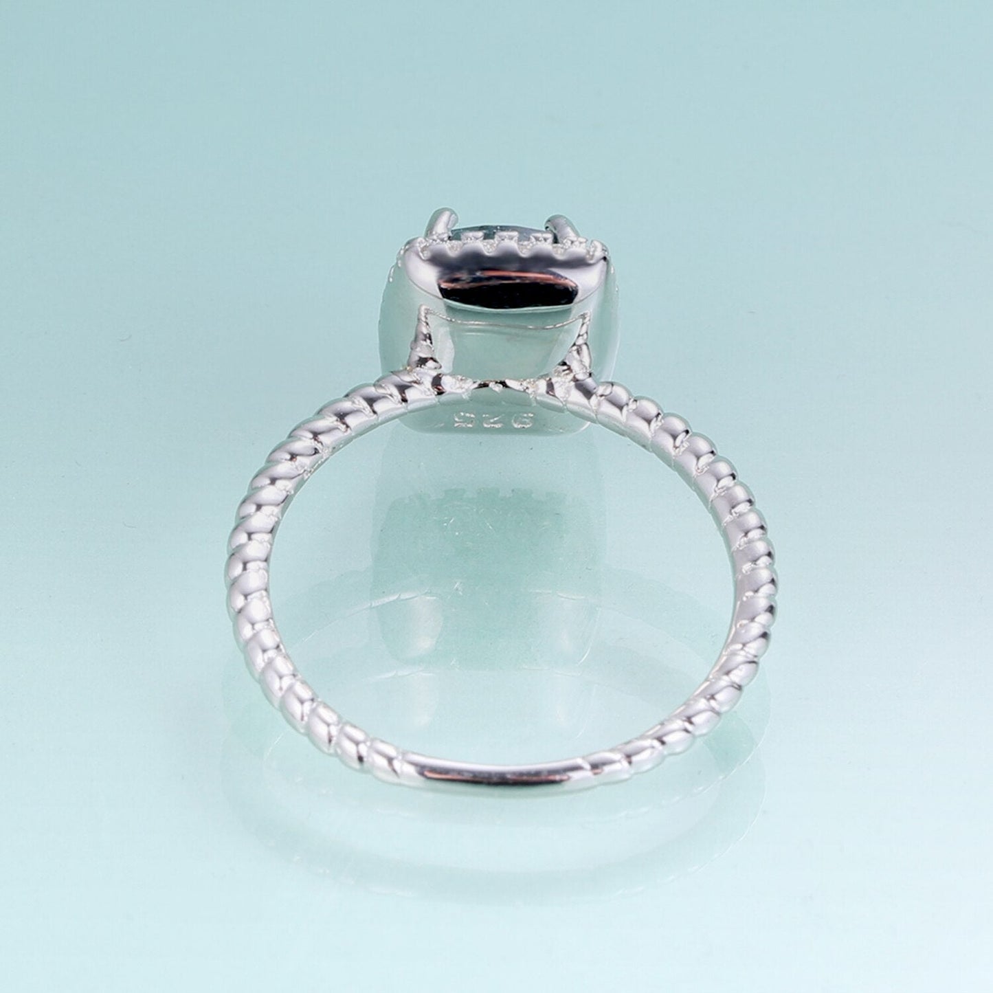 Moss agate engagement ring in silver halo ring rectangle shaped