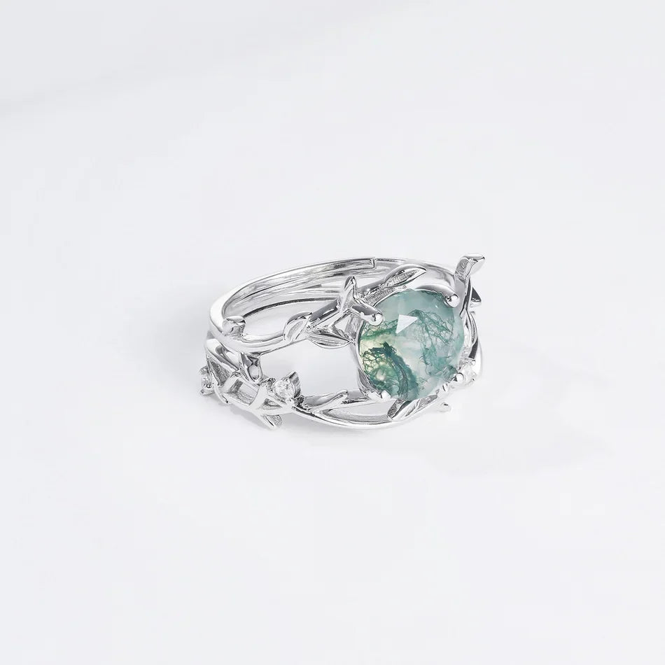 Moss agate leaf ring set wedding ring set sterling silver