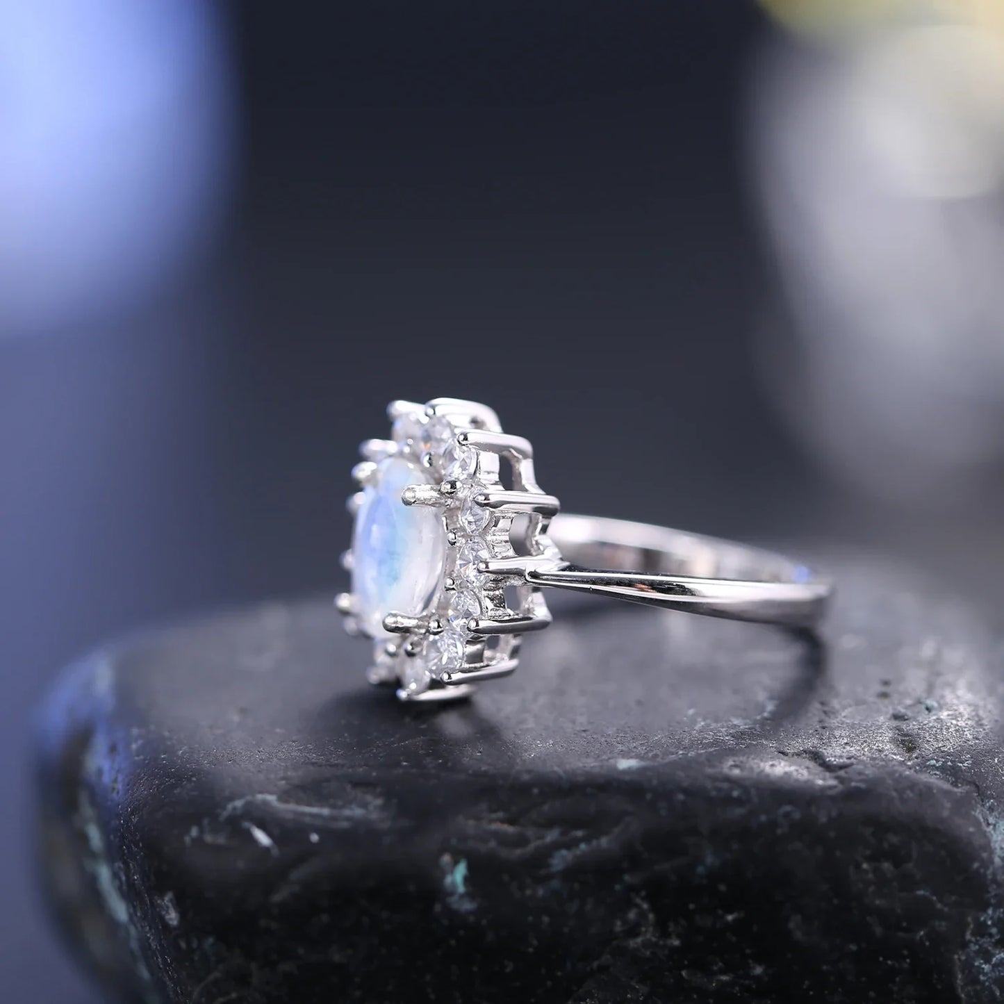 Moonstone and diamond cz ring (Mini) with an oval moonstone and cz promise ring for her