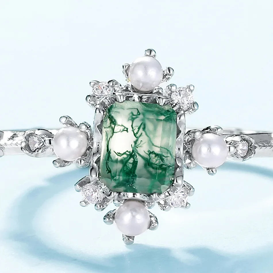 Moss agate and pearl ring natural green moss agate ring sterling silver