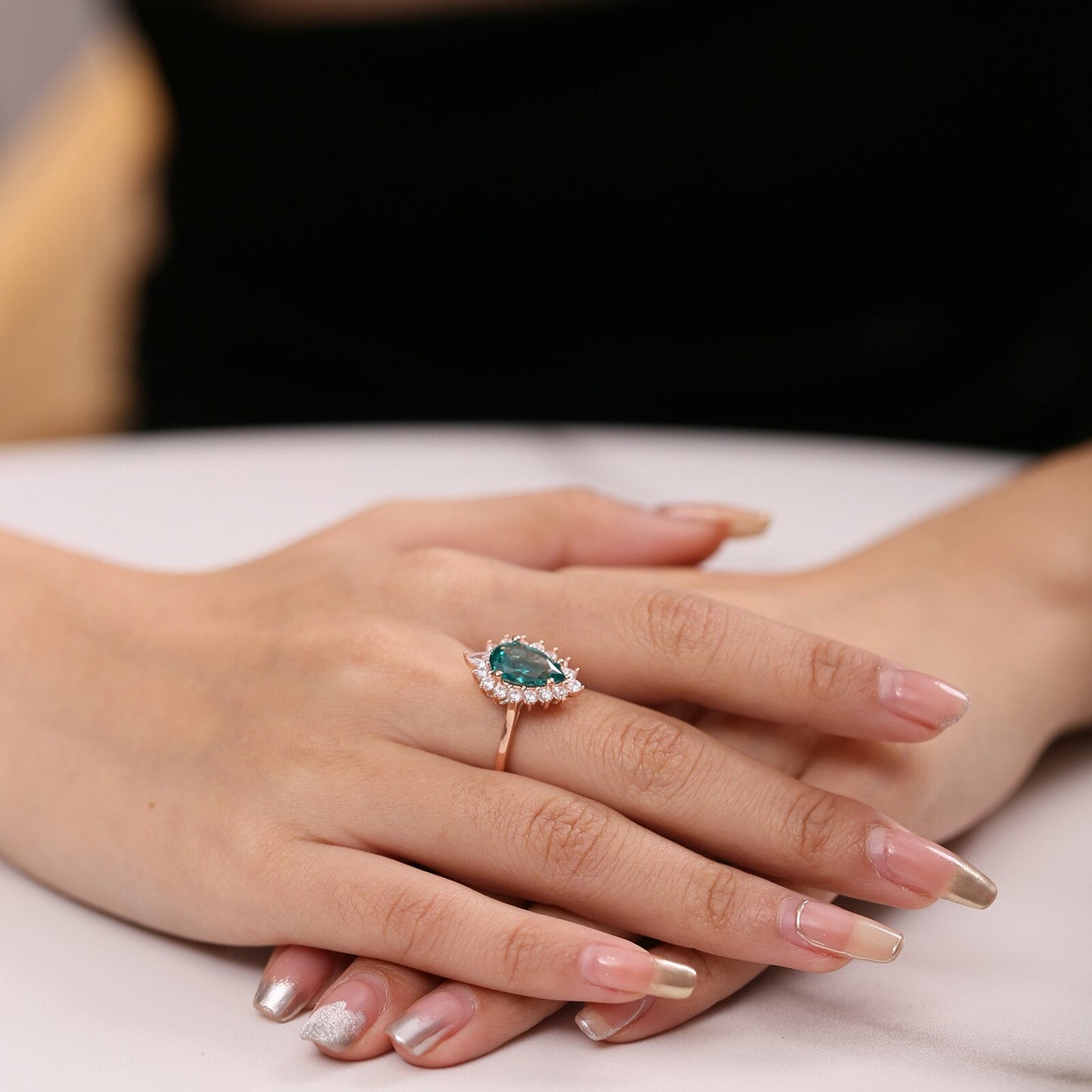 Green emerald engagement ring lab created rose gold teardrop