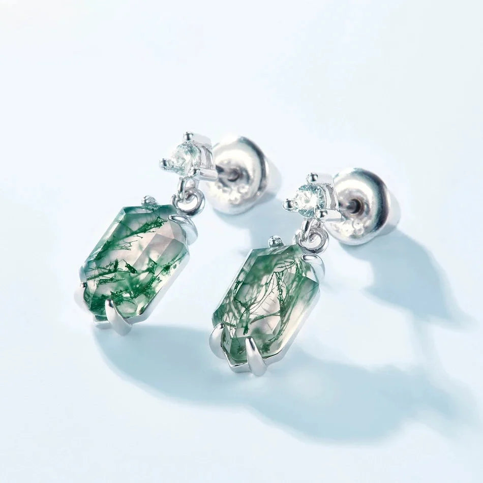 Moss agate dangle earrings sterling silver natural green moss agate
