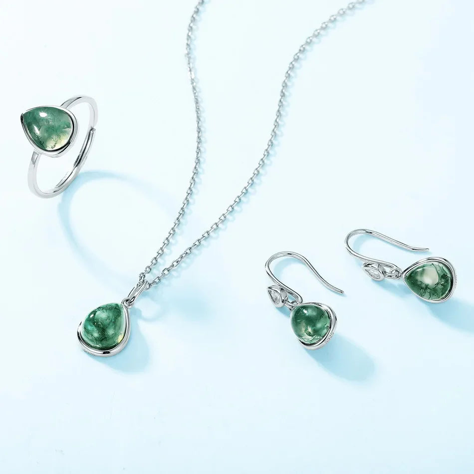 Green agate earrings with pear-shaped moss agate in sterling silver