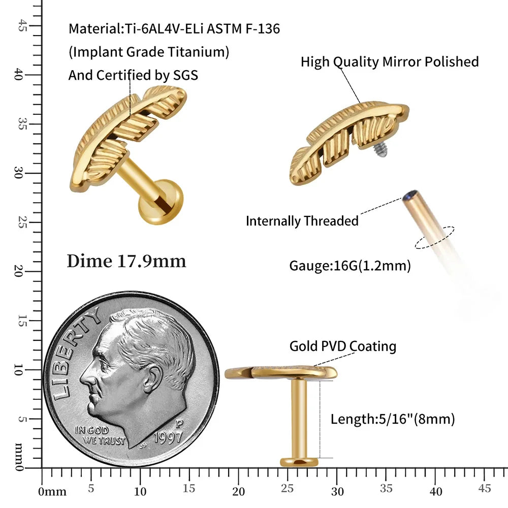 Feather earring stud titanium labret stud gold silver 16G flat back internally threaded