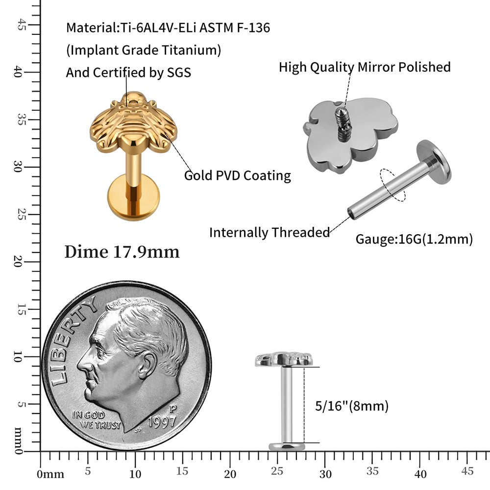 Labret stud with bee 16 gauge titanium internally threaded