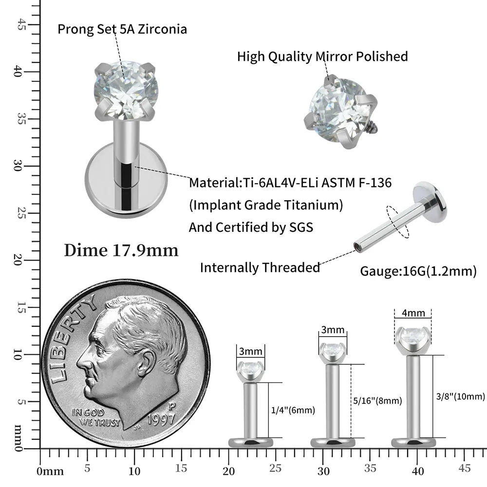 Diamond labret stud flat back labret nose stud with a clear crystal 16G implant-grade titanium