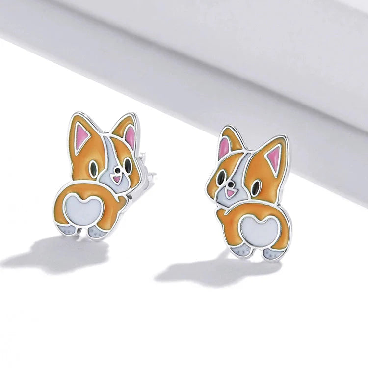 Silver corgi earrings stud earrings