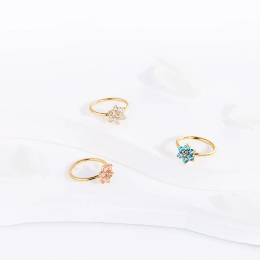 Flower nose ring 14K gold nose piercing with diamond 20G cute nose hoop