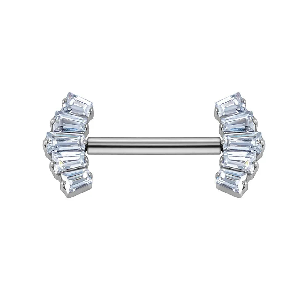 Titanium threadless barbell with opal and baguette-cut CZ stones, RosaryMilano jewelry