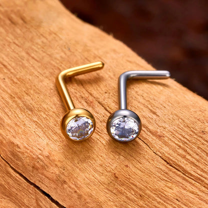 20 gauge L shaped nose ring with a round CZ stone titanium nose stud silver and gold