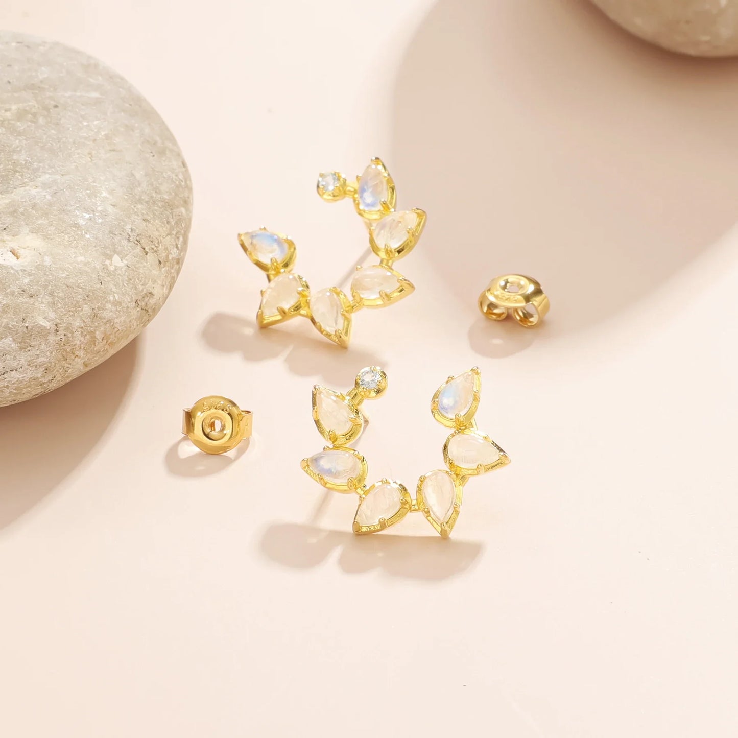 Cluster stud earrings with natural moonstones and blue topaz bridal cluster earrings