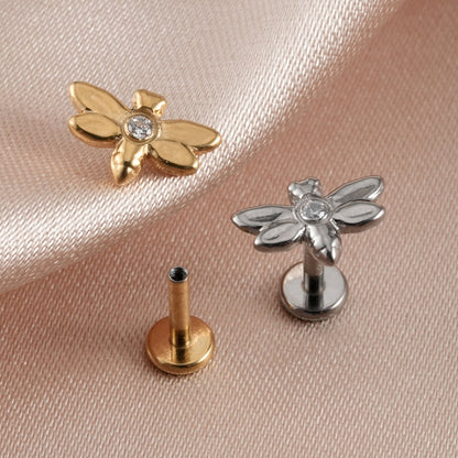 Stud helix piercing with a dragonfly and CZ titanium 16G
