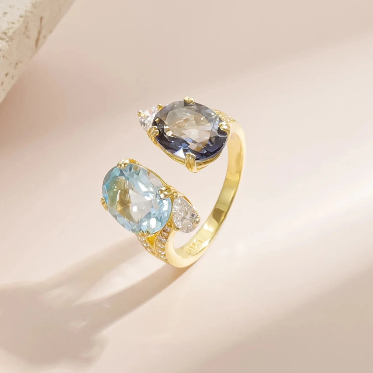 Toi et moi ring you and me ring with blue topaz and mystic quartz unique anniversary ring