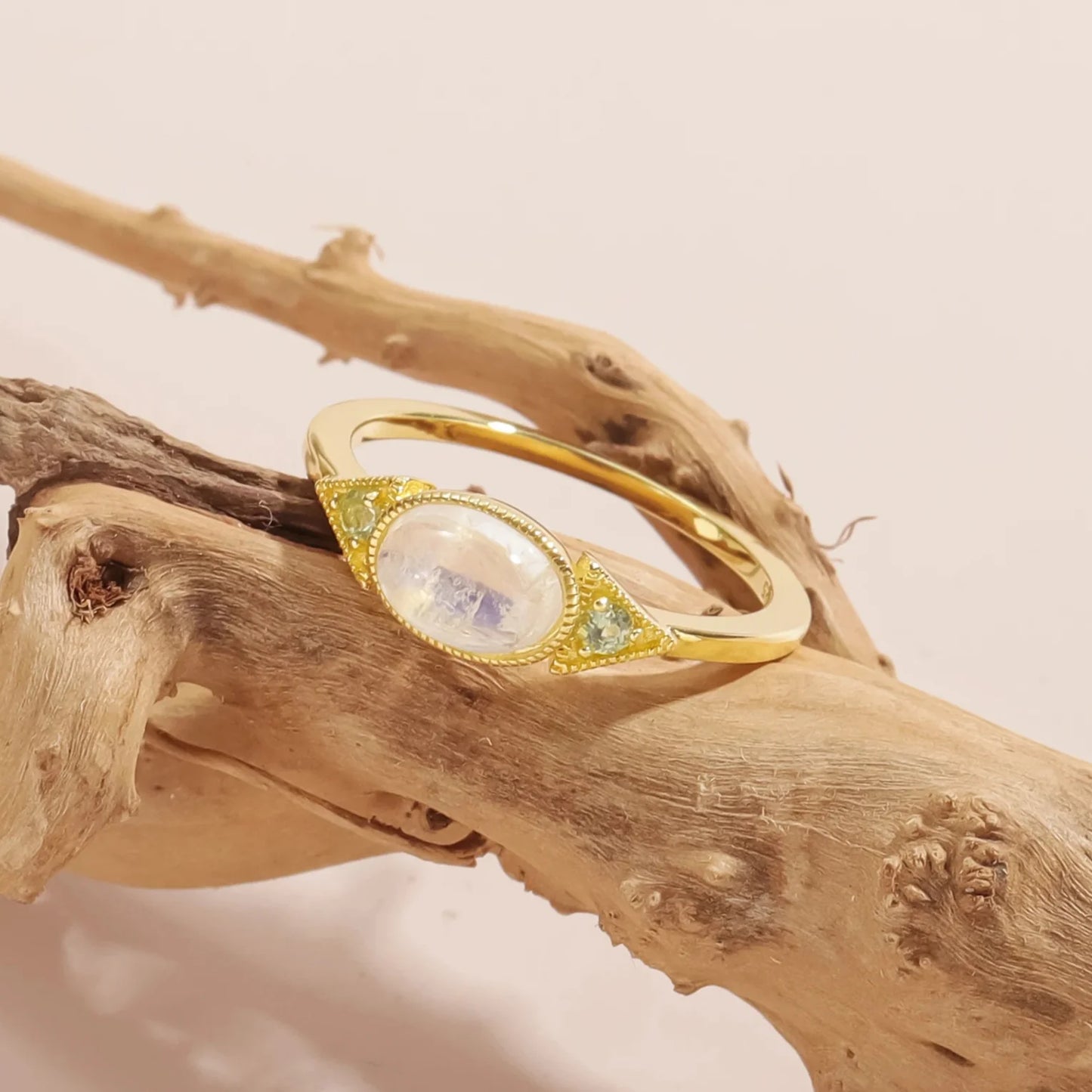 Moonstone stacking ring with green peridot Art Deco