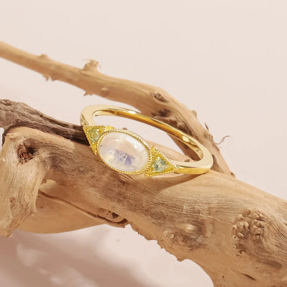 Moonstone stacking ring with green peridot Art Deco
