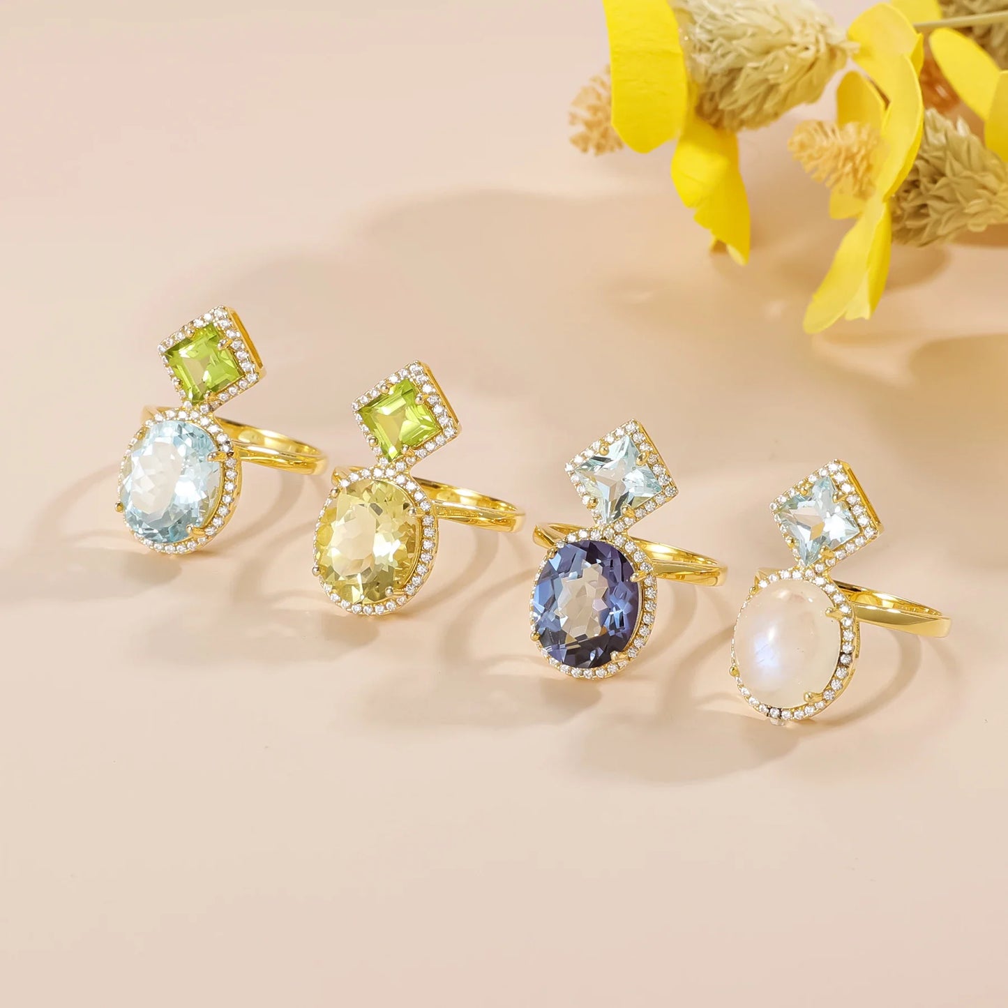 Lemon citrine engagement ring with green peridot and clear cz cocktail ring two stone ring