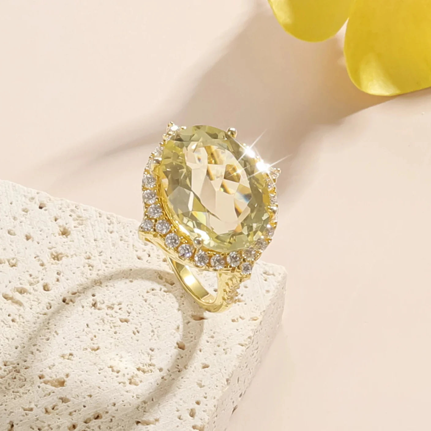 Lemon citrine ring engagement ring with a large yellow citrine and clear cz cocktail ring