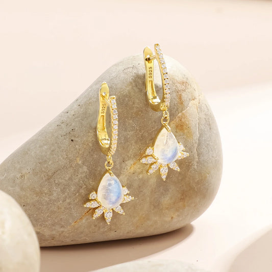 Moonstone hoop earrings with clear diamond cz stones moonstone dangle earrings