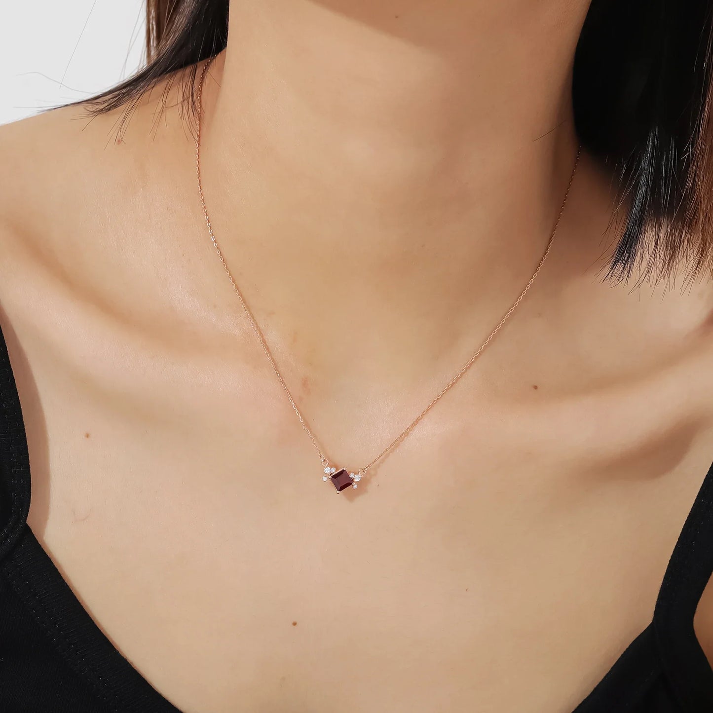 Garnet birthstone necklace with a square red garnet gemstone cute necklace
